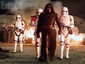 Squad goals. Kylo Ren (Adam Driver) and a team of merciless First Order stormtroopers lay waste to a peaceful Jakku village.