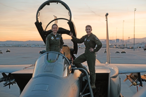 Brie Larson (left) gets hands-on help from Brigadier General Jeannie Leavitt, 57th Wing Commander (right), on a recent trip to Nellis Air Force Base in Nevada to research her character, Carol Danvers aka Captain Marvel, for Marvel Studios’ “Captain Marvel.”